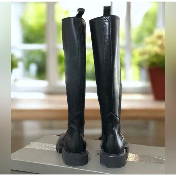 AllSaints Maeve Black Leather Knee High Boots Lug Sole Stretch Panel US 11 EU 41 - Picture 14 of 16